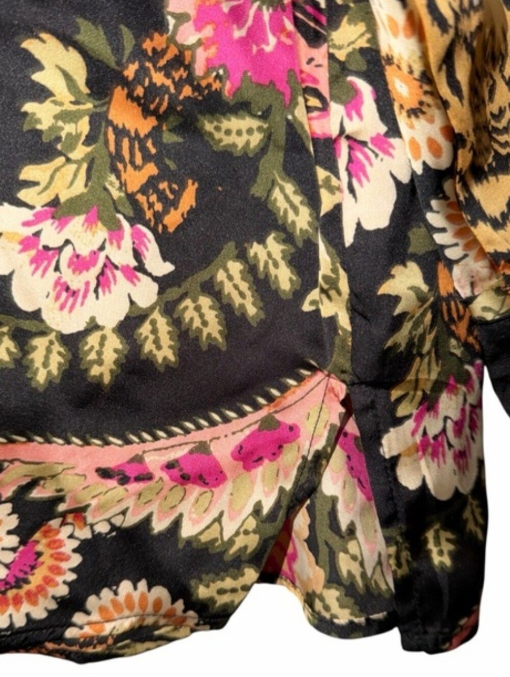 Free People Tiger Floral Satin Button Down Long Sleeve Pajama Top Medium Black - Picture 7 of 10
